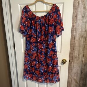 Vibrant Floral Midi Dress in Blue and Red